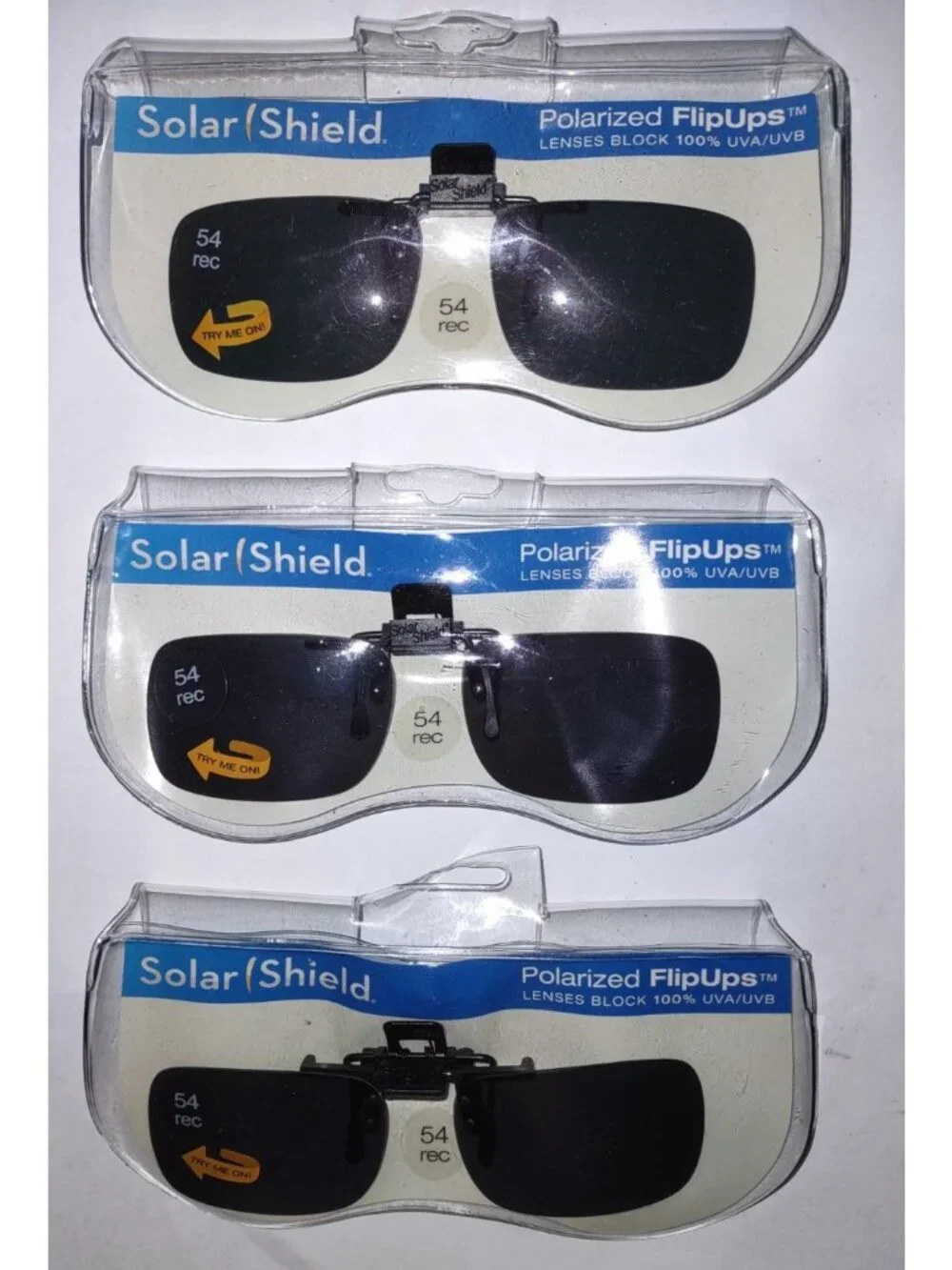 Solar Shield Flip-Up Polarized Sunglasses (lot 3) 54 REC Block UVA gray clip on